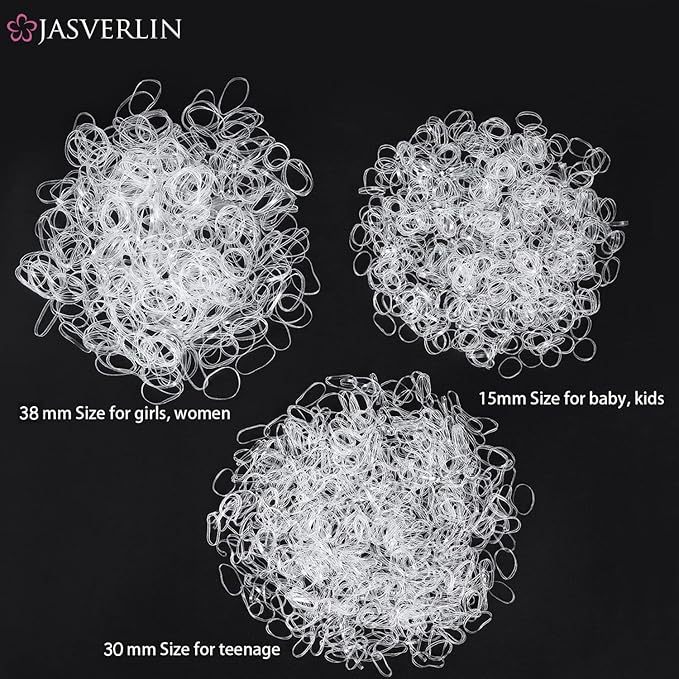 Clear Hair Elastics, 2000 Pcs Variety Pack of Small, Medium, Large Rubber Bands Ponytail Holders and Polybands for Toddlers, Girls, Women, Baby