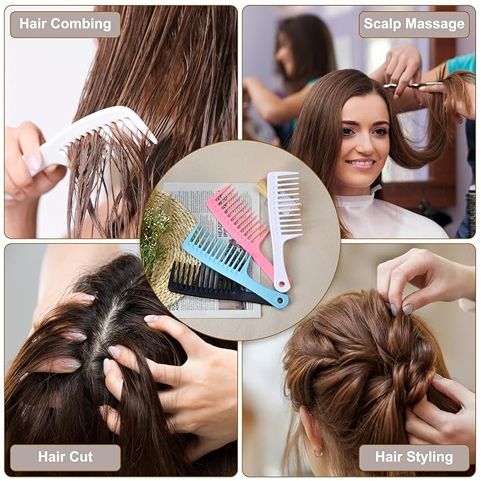 MODENGKONGJIAN 4PCS Wide Tooth Comb, Large Hair Detangling Comb Styling Comb for Curly, Wet, Long Hair (Black & Blue, Polypropylene (PP))