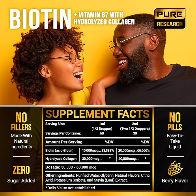 Liquid Biotin & Collagen Hair Growth Drops 60,000mcg - Biotin and Liquid Collagen Supplement for Men & Women - Glowing Skin Support, Healthy Hair & Nail Growth - 2oz