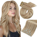 Moresoo Seamless Clip in Hair Extensions Dark Ash Blonde Highlighted with Golden Blonde Remy Clip in Seamless Human Hair Extensions 7pcs/120g 18inch