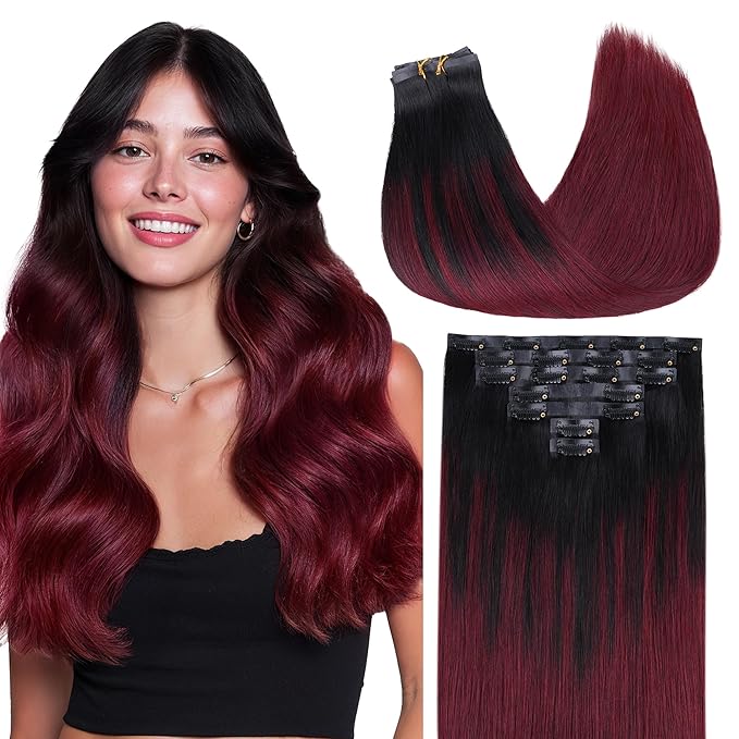 GOO GOO Clip in Hair Extensions Real Human Hair, Remy Human Hair Extensions Clip ins for Women, Natural Human Hair, 12inch 85g 7 Pcs, #1/99j Balayage Jet Black to Red Seamless Blend