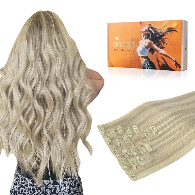 DOORES Clip in Hair Extensions, Real Human Hair, Ash Blonde Highlighted Platinum Blonde 150g 7pcs 22 Inch Clip in Virgin Hair Extensions, Invisible Edge