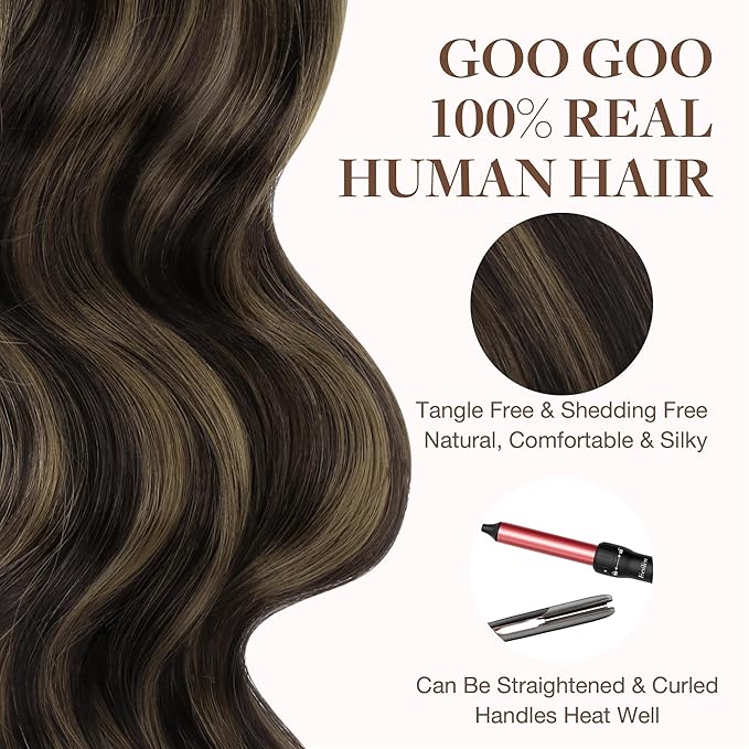 GOO GOO Tape in Hair Extensions Human Hair, 2/6 Dark Brown Highlighted Chestnut Brown, 22inch 30g 10pcs, Skin Weft Seamless Invisible, Silky Straight with Thick Ends, Remy Human Hair