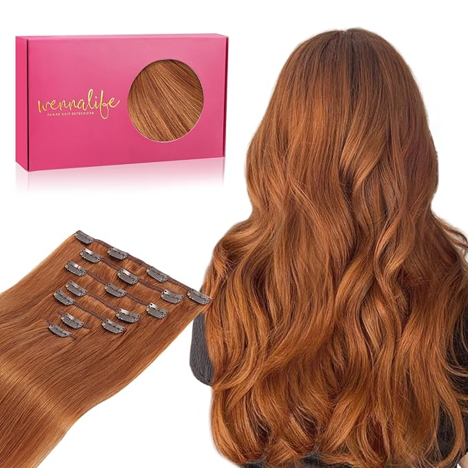 WENNALIFE Clip in Hair Extensions - Real Human Hair, 16 Inch 120g 7pcs, Dirty Ginger Remy Human Hair Clip Ins, Double Weft