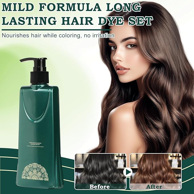 Mild Formula Long Lasting Hair Dye Set, Plant Extracts Hair Color for Gray Coverage, Herbal Hairs Dyes, Nourishing, Natural, Long-Lasting Shampoo 210ML (Natural Black)