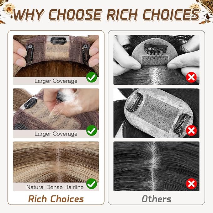 Rich Choices Hair Toppers for Women Real Human Hairs With Bang 100% Remy Human Topper for Thinning Hair Clip in Silk Base Topper 12 Inch #4P27 Medium Brown Mix Dark Blonde