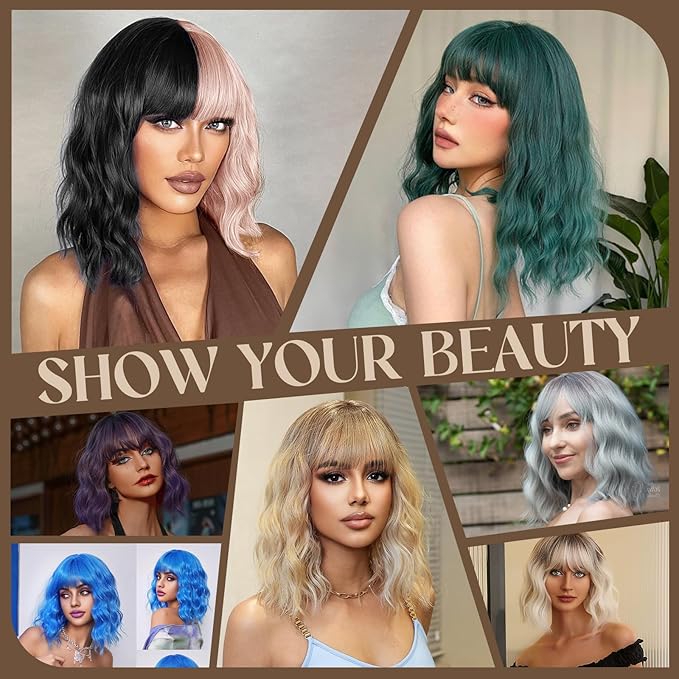MISSQUEEN Short Black and Light Pink Wavy Wig with Bangs for Women Heat Resistant Synthetic Hair Two Color Cosplay Party Costume Wig Halloween Wig