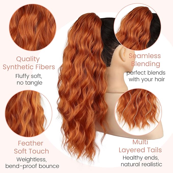 Ponytail Extension, Claw Clip Ponytail Extensions for Women Wavy Pony Tails Hair Extensions 18 Inch Clip in Ponytail Hairpiece Fluffy Natural Synthetic for Daily Use (Ginger Copper)