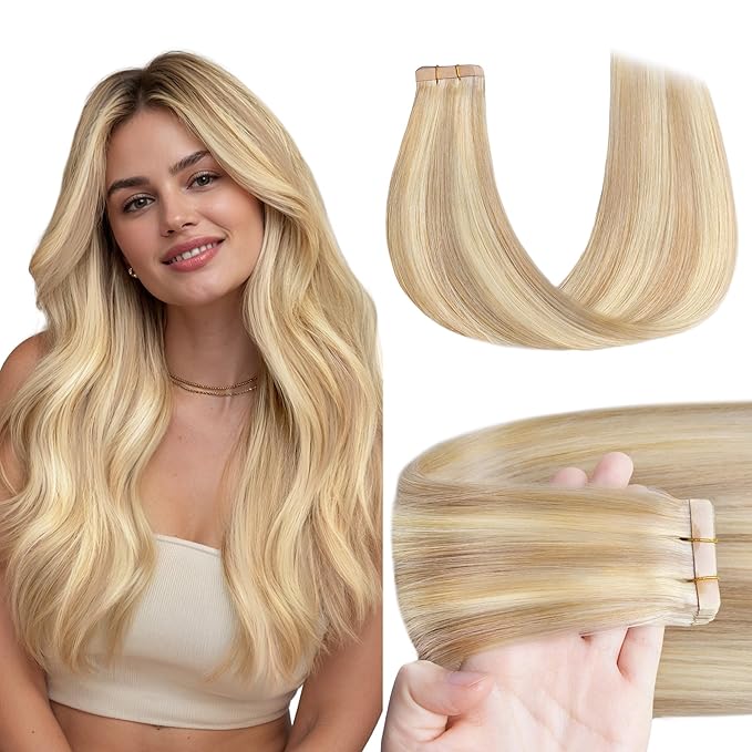 GOO GOO Tape in Hair Extensions Human Hair, 18F/60A Balayage Light Wheat Platinum Blonde, 18inch 50g 20pcs, Skin Weft Seamless Invisible, Silky Straight with Thick Ends, Remy Human Hair