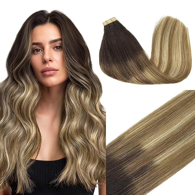 GOO GOO Tape in Hair Extensions Human Hair, 2/6/18 Balayage Brown to Dirty Blonde, 12inch 40g 20pcs, Skin Weft Seamless Invisible, Silky Straight with Thick Ends, Remy Human Hair