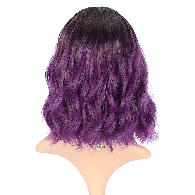 FAELBATY Purple Wig With Bangs Short Bob Synthetic Cosplay Wig for women Costume Wigs (12" Ombre Dark Purple Color)