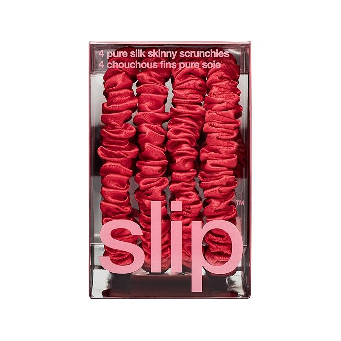 slip Skinny Scrunchies: Anti-Crease, Anti-Breakage Slipsilk™ Design Protects Delicate Hair | Includes 4 Pure Silk Scrunchies: Red