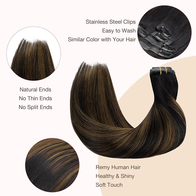 GOO GOO Clip in Hair Extensions Real Human Hair, Remy Human Hair Extensions Clip ins for Women, Natural Human Hair, 18inch 110g 7Pcs, 1B/6/1B Balayage Natural Black to Chestnut Brown