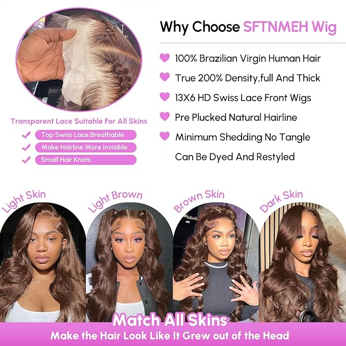 Chocolate Brown Lace Front Wig 200 Density 13x6 HD Body Wave Lace Front Wigs Human Hair Pre Plucked Colored Frontal Glueless Brown Human Hair Wig for Women 12Inch