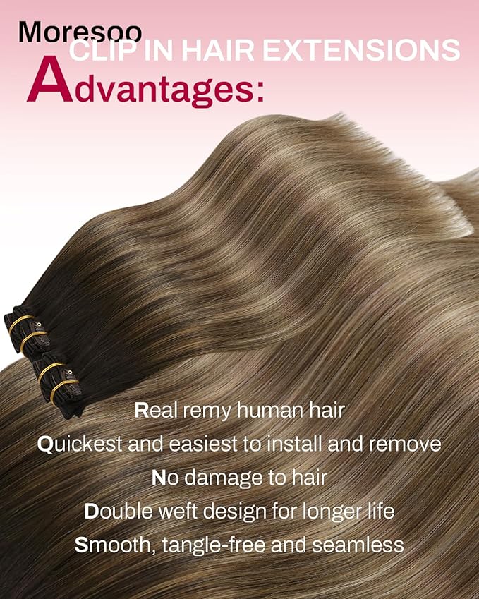 Moresoo Clip in Hair Extensions Real Human Hair Ombre Dark Brown to Dark Ash Blonde with Dark Blonde Remy Human Hair Clip in Extensions Balayage 5pcs 80g 18inch