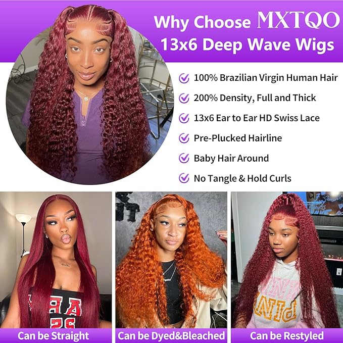 20 Inch 99J Burgundy Lace Front Wigs Human Hair Deep Wave 13x6 HD Lace Front Wigs Pre Plucked with Baby Hair Wet and Wavy Human Hair Wig 200% Density Deep Curly Frontal Wigs for Black Women