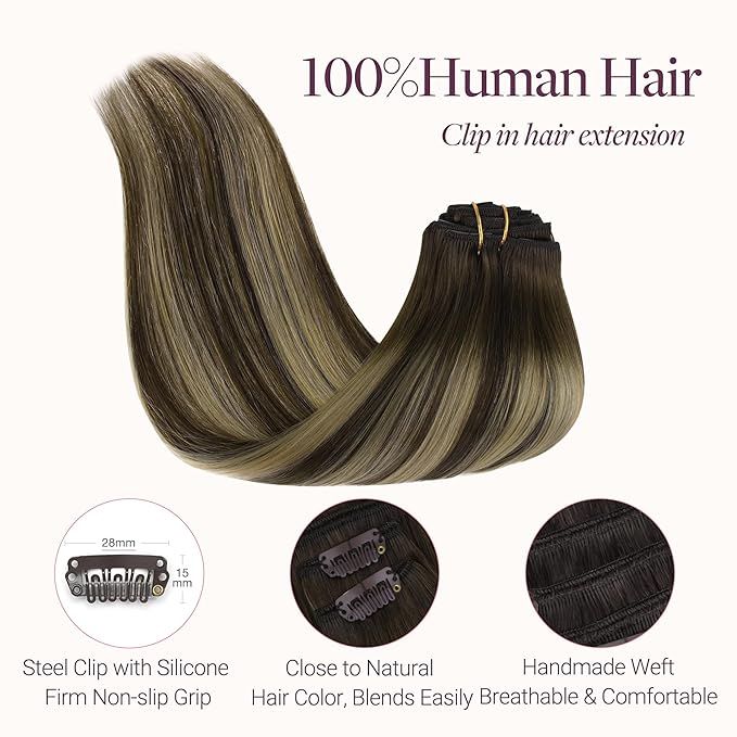 GOO GOO Clip in Hair Extensions Real Human Hair, Remy Human Hair Extensions Clip ins for Women, Natural Human Hair, 22inch 170g 7Pcs, #4/26/4 Balayage Chocolate Brown to Honey Blonde