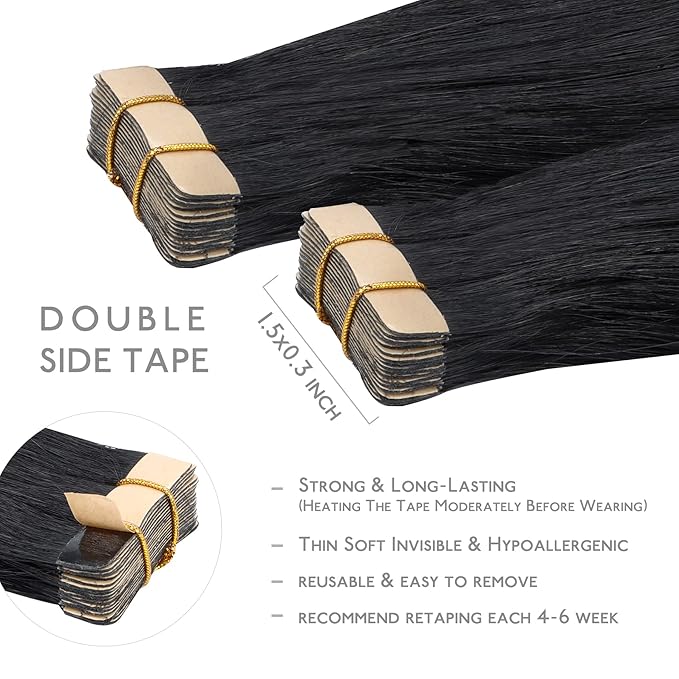 WENNALIFE Tape in Hair Extensions Human Hair, 20pcs 60g 28 inch Jet Black Remy Hair Extensions Straight Human Hair Tape in Extensions Skin Weft Tape Extensions Human Hair