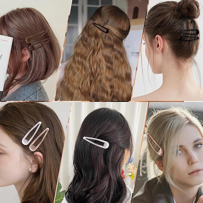 24 PCS 2.36 In Metal Snap Hair Barrettes For Women Water Drop Shape Hair Clips For Thick Thin Fine Hair,Bright Black Brown Beige White