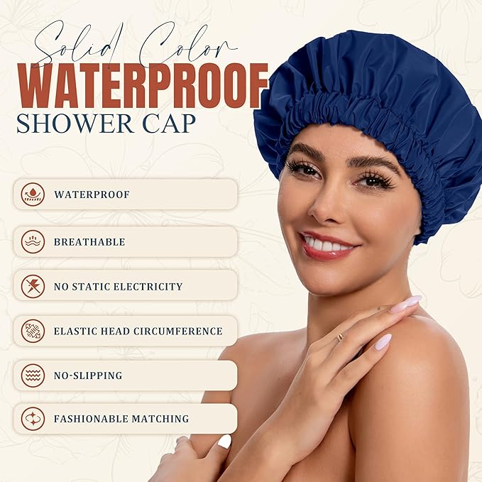 Reusable Shower Cap for Women, Stylish Large Waterproof Shower Bonnet Washable Wide Elastic Band Hair Cap for Long Hair, Braids Bath Hat(Navy)