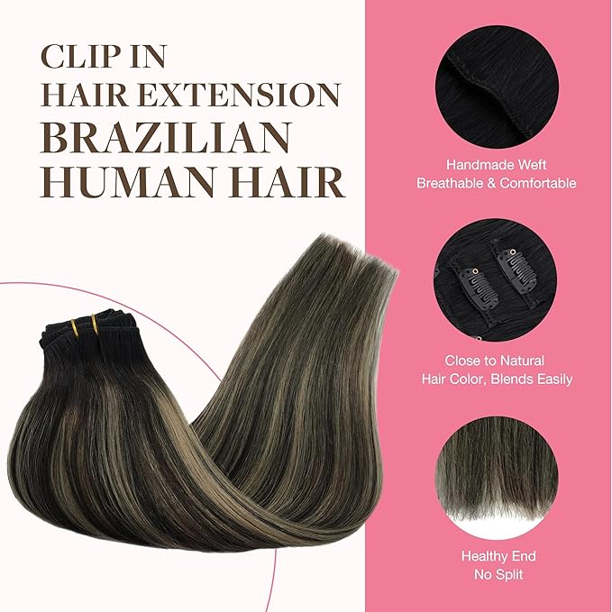 GOO GOO Clip in Hair Extensions Real Human Hair, Remy Human Hair Extensions Clip ins for Women, Natural Human Hair, 22inch 150g 9Pcs, 1B/16/1B Balayage Natural Black to Light Blonde
