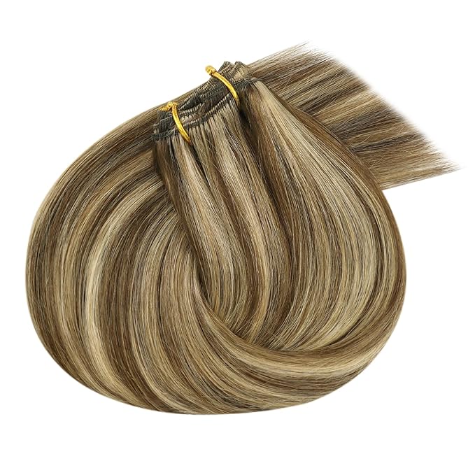 Ve Sunny Clip in Hair Extensions Real Human Hair Brown Highlights Hair Extensions Clip ins Dark Brown mit Caramel Blonde Human Hair Clip in Extensions Easy to Wear 20 Inch 7pcs 120g