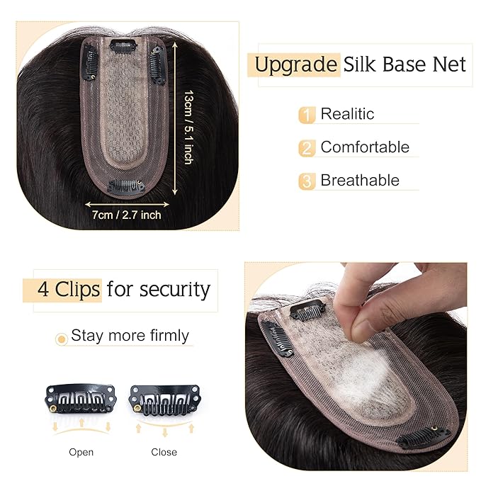 SEGO Human Hair Toppers for Women With Thinning Hair, 7 * 13CM Silk Base 100% Real Human Hair Clip in Top Wiglet Hairpieces /10 Inch No Bangs Natural Black