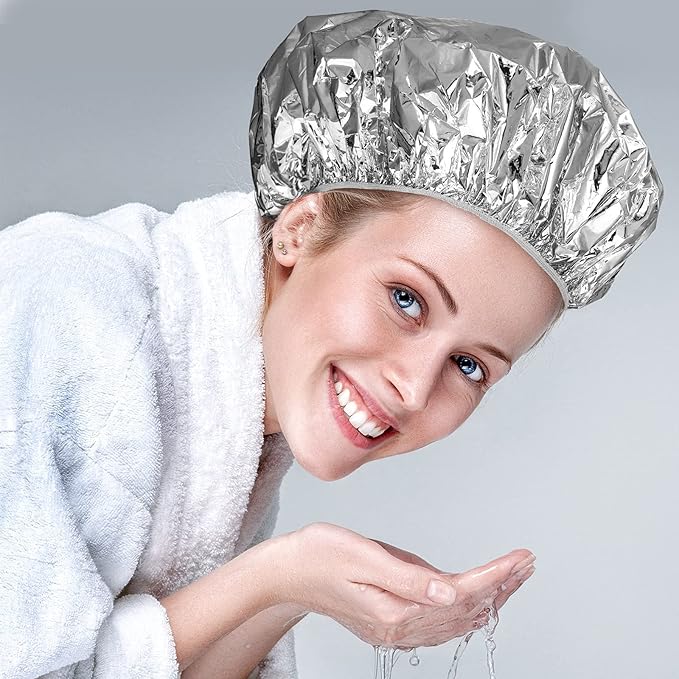 12 Pieces Deep Conditioning Caps Aluminum Foil Reusable Hair Processing Hair Coloring Shower Caps for Home Salon Use(16 Inch,Silvery)