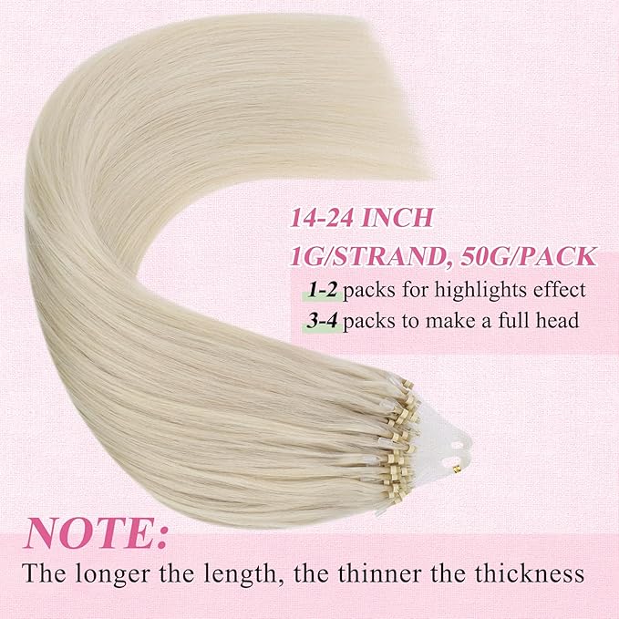 YoungSee Micro Loop Extensions Real Human Hair 24Inch Blonde Micro Link Hair Extension Human Hair Blonde Micro-Bead Extension 1g/s 50g Cold Fusion Microring Hair Extension for Wedding