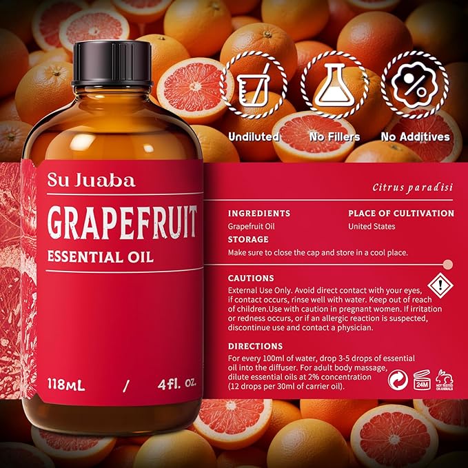 SU JUABA Grapefruit Essential Oil 4 Fl Oz, 100% Pure Natural for Massage, Diffuser, Aromatherapy, Hair & Skin Care - 118ML
