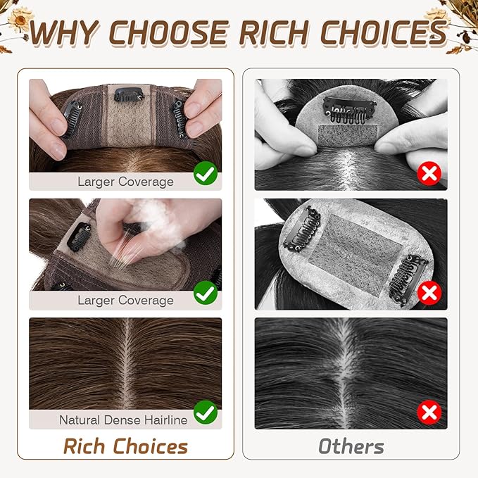 Rich Choices Hair Toppers for Women Real Human Hair 100% Remy Human Hairs Topper With Bang for Thinning Hairs Clip in Silk Base Topper 12 Inch #4 Medium Brown