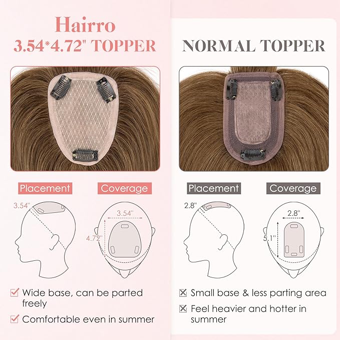Hairro Human Hair Toppers with Wispy Bangs, 3.5x4.7" Hand-wovened Base for Women with Thinning Hair, Lightweight & Breathable Realistic Scalp, Clip-in Hairpieces for Easy Wear, 16 Inch Medium Brown