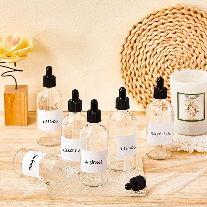 Tessco for you 20 Pack 3.4 oz Glass Dropper Bottles with Glass Eye Droppers for Essential Oils, Empty Oil Bottles with Funnel, Labels and Pipette for Hair Oils Perfume Cosmetic Travel(Clear)
