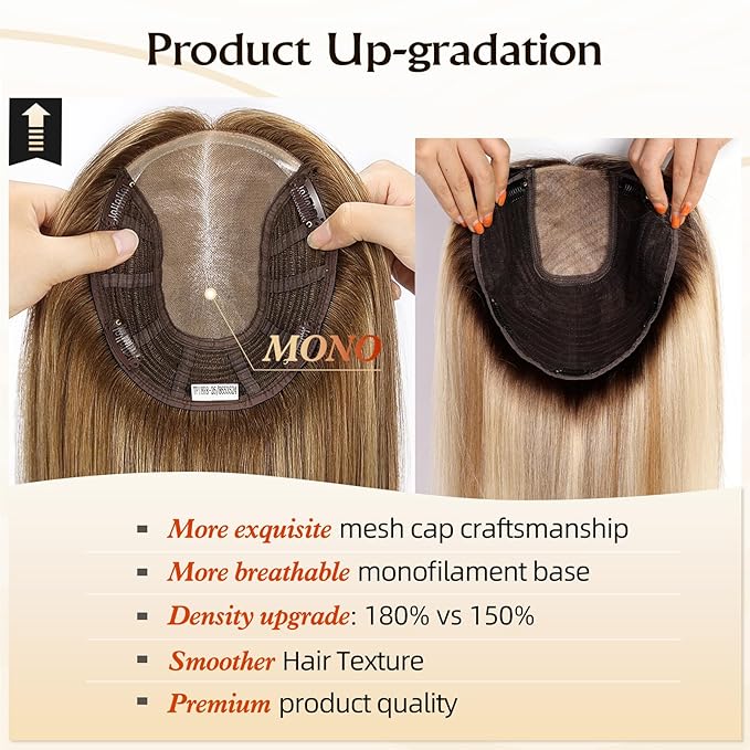 Large MONO Top Hair Toppers for Women Remy Human Hair 14 Inch 6"x7" Big Base Partial wig Cover Thinning Hair or Loss No Bangs Natural Wiglets(Light Blonde Mixed Brown)