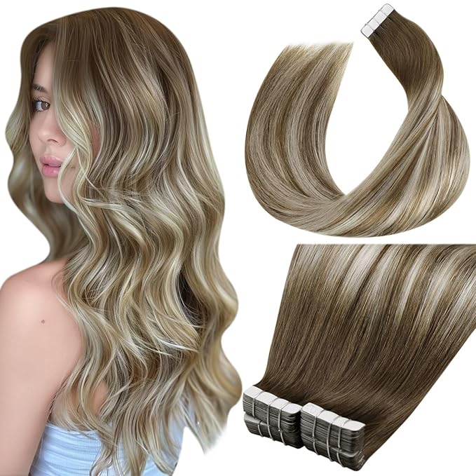 LaaVoo Tape in Hair Extensions Real Human Hair Tape in Hair Extensions Ombre Ash Brown to Blonde Mix with Platinum Blonde 22 Inch 40pcs 100g