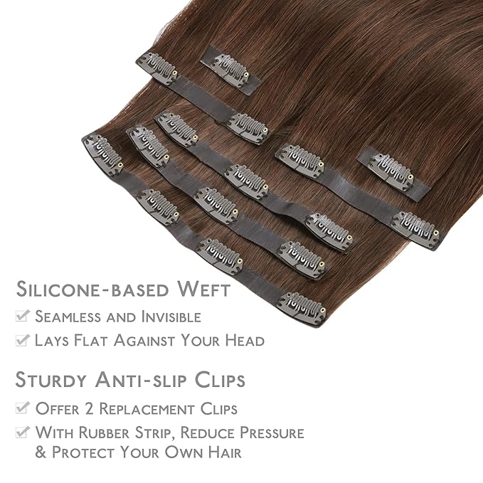 WENNALIFE Seamless Clip In Hair Extensions Human Hair, 12 Inch 80g 7pcs Chocolate Brown Real Hair Extensions Clip in Human Hair Invisible PU Skin Weft Natural Remy Hair