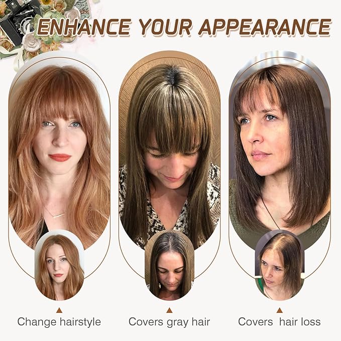 Rich Choices Real Human Hair Toppers for Women With Bang 100% Remy Human Hair Topper for Thinning Hair Clip in Silk Base Hair Topper 14 Inch #12P613 Golden Brown Mix Bleach Blonde