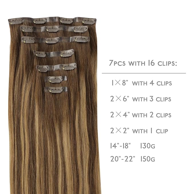 WENNALIFE Seamless Clip In Hair Extensions, 14 Inch 130g 7pcs Balayage Chocolate Brown to Caramel Blonde Hair Extensions Clip in Human Hair Invisible PU Skin Weft Natural Remy Human Hair Extensions