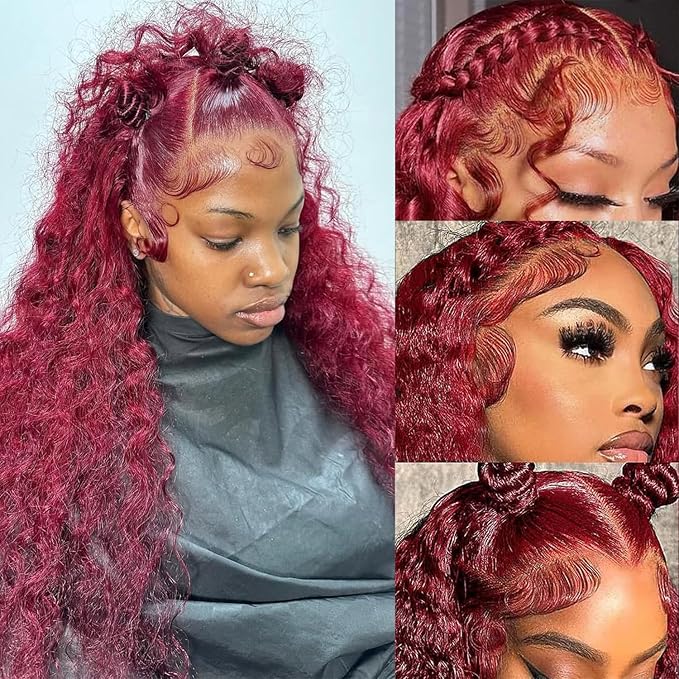 22 Inch Burgundy Lace Front Wigs Human Hair 13x6 Deep Wave HD Lace Front Burgundy Curly Frontal Wigs Human Hair Pre Plucked 200 Density