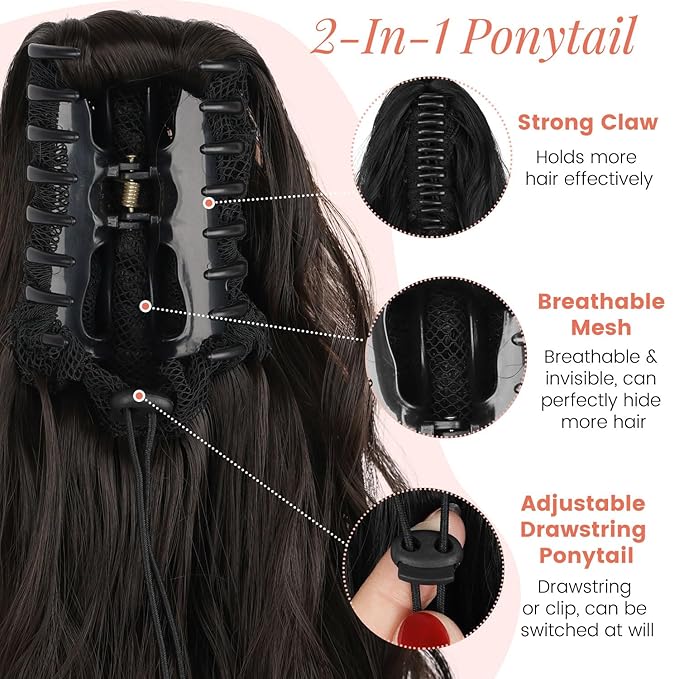 Claw Wavy Ponytail Extension 18 Inch for Women Curly Pony Tail Clip in Hair Extensions Shoulder Length Fluffy Natural Looking Synthetic Hairpiece for Daily Use (Black Brown)