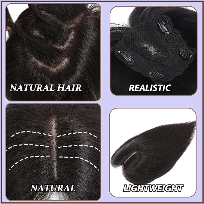 Hair Toppers for Women Real Human Hair, 360°3D Topper for Women with Thinning Crown Middle Clip in Bangs Breathable Hand Tied Craft Big Coverage Hairpieces (Dark Brown（Big Coverage）, 14 Inch-S)