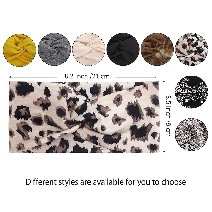 Tobeffect 8 Pack Turban Headbands for Women Non Slip Leopard Print Boho Head Wrap Accessories Elastic Hair Band for Women's Hair