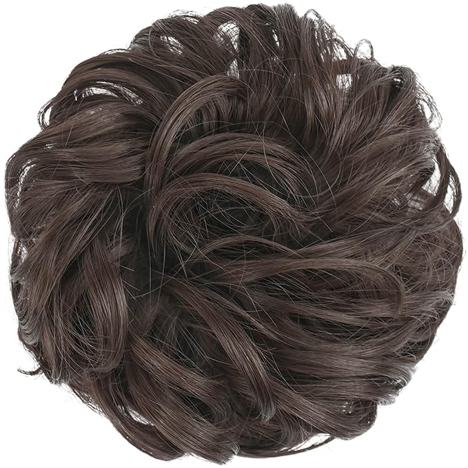 FESHFEN Messy Bun Hair Piece - Large Elastic Wavy Curly Hair Bun Scrunchies Ponytail Extensions Synthetic Chignon Hairpieces for Women, Dark Brown 1.94oz
