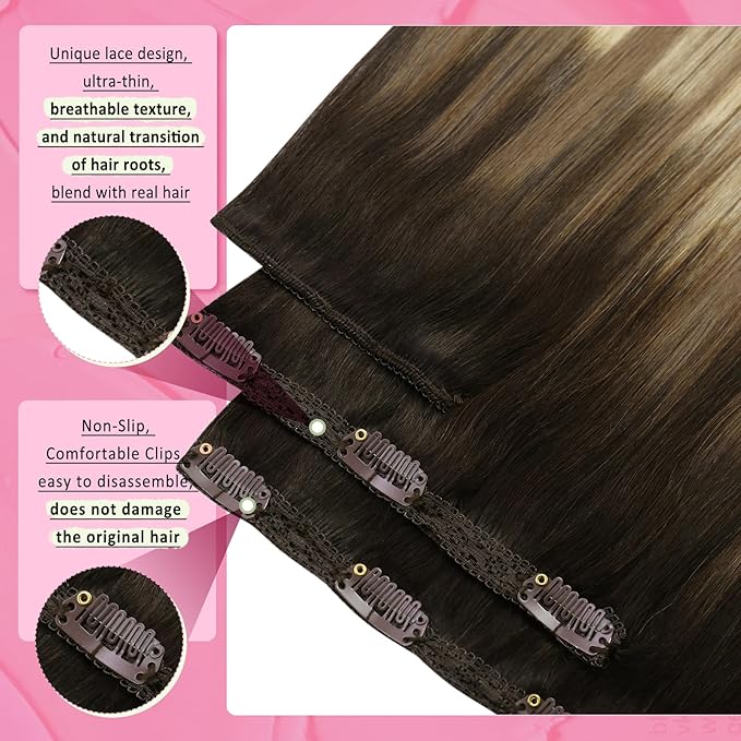 YoungSee Clip in Human Hair Extensions Brown Balayage Clip ins Real Hair Extension Darkest Roots to Medium Brown with Blonde Balayage Real Human Hair Extensions Clip ins for Women 12Inch 85G 7Pcs
