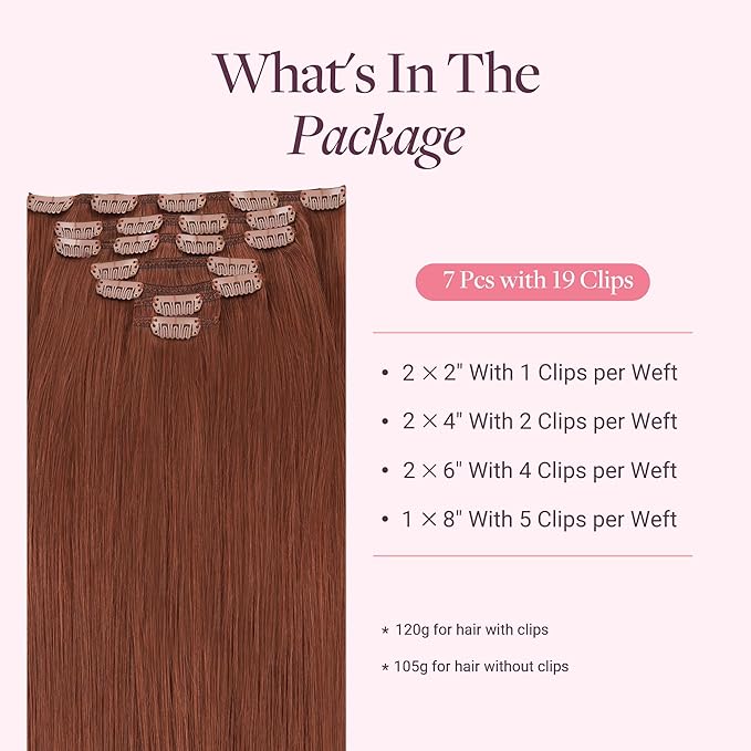 GOO GOO Clip in Hair Extensions Real Human Hair, Remy Human Hair Extensions Clip ins for Women, Natural Human Hair, 16inch 120g 7 Pcs, #33B Dark Auburn Copper