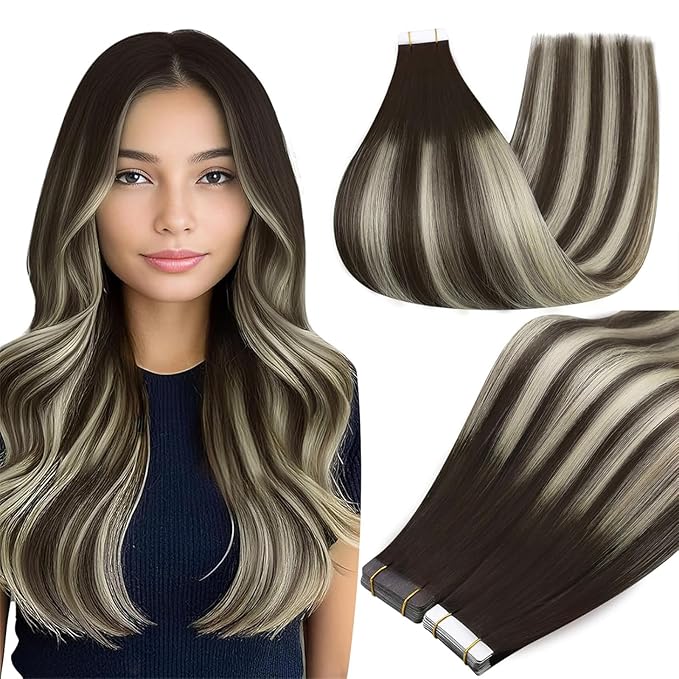 Full Shine Tape in Extensions Human Hair Balayage Tape in Hair Extensions Color 2/60/2 Human Hair Extensions Tapes in 14 Inch Seamless Invisible Tapes in Human Hair for Women 50Gram 20Pcs