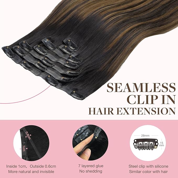 GOO GOO Clip in Hair Extensions Real Human Hair, Remy Human Hair Extensions Clip ins for Women, Natural Human Hair, 24inch 120g 7Pcs, 1B/6/1B Balayage Natural Black to Chestnut Brown