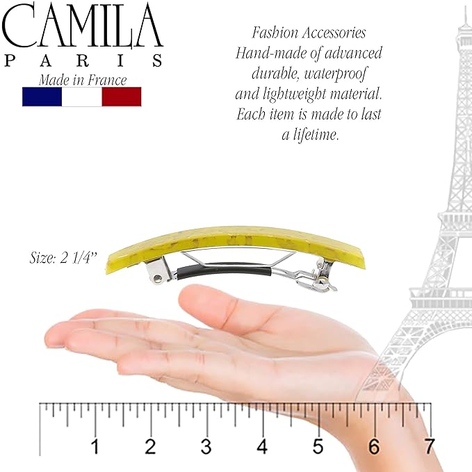 Camila Paris CP3043 French Hair Barrette Clip for Girls, Set of 2 Yellow Rubberized Metal Clasp Strong Hold Grip Hair Clips for Women, No Slip Durable Styling Girls Hair Accessories, Made in France
