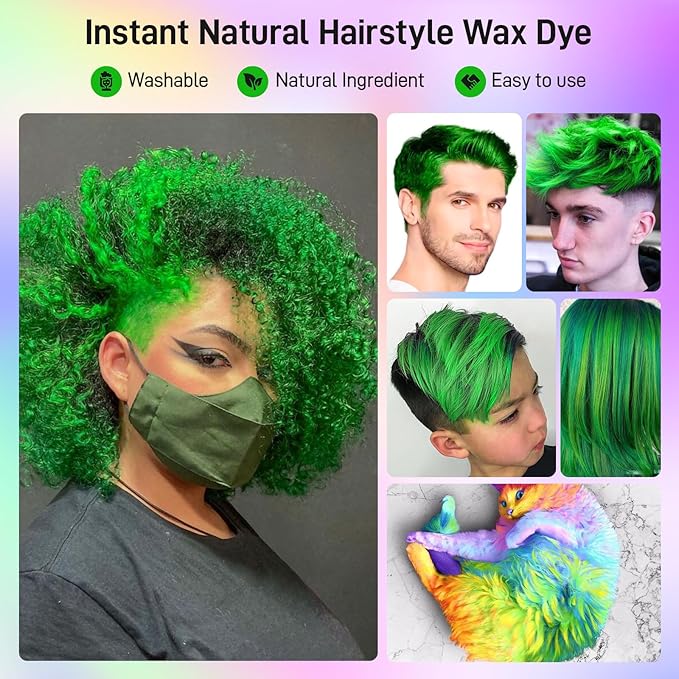 Green Hair Dye, Green Temporary Hair Color Wax, Natural Instant Hair Wax Color, Washable Hair Dye, DIY Temporary Hair Color for Teens Women Men Party Cosplay Halloween, 120g
