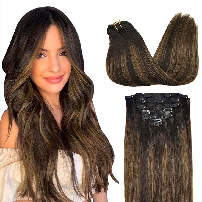 GOO GOO Clip in Hair Extensions Real Human Hair, Remy Human Hair Extensions Clip ins for Women, Natural Human Hair, 22inch 170g 7Pcs, #2/6/2 Balayage Dark Brown to Chestnut Brown